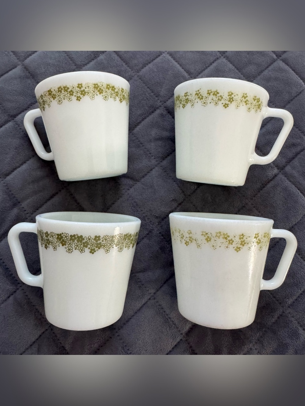Vintage PYREX Milk Glass Coffee Mugs Crazy Daisy Spring Blossom Green Set of 4